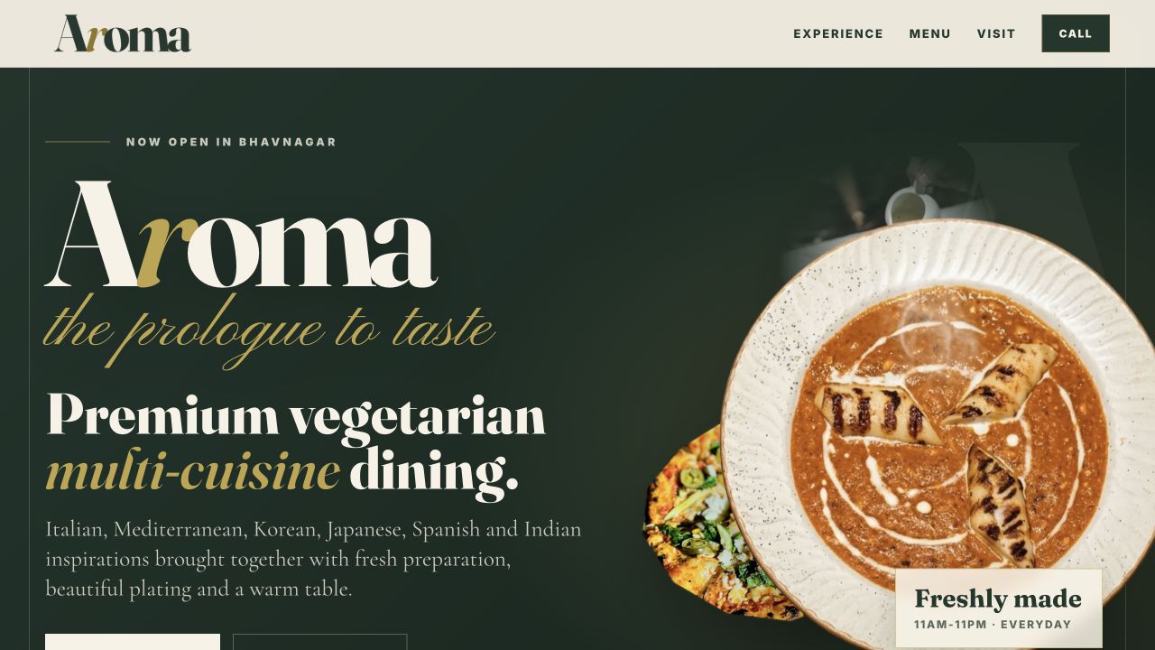 Aroma restaurant website with menu and dining information